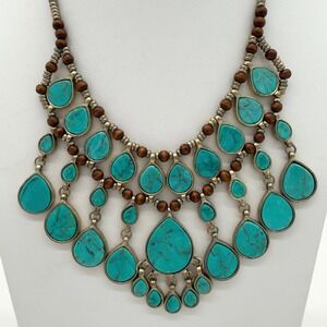 Boho Turquoise Statement Bib Necklace Southwestern Tribal Wood Bead